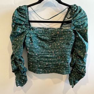 Reformation Green Floral Ruched Puff Sleeve Crop Blouse
